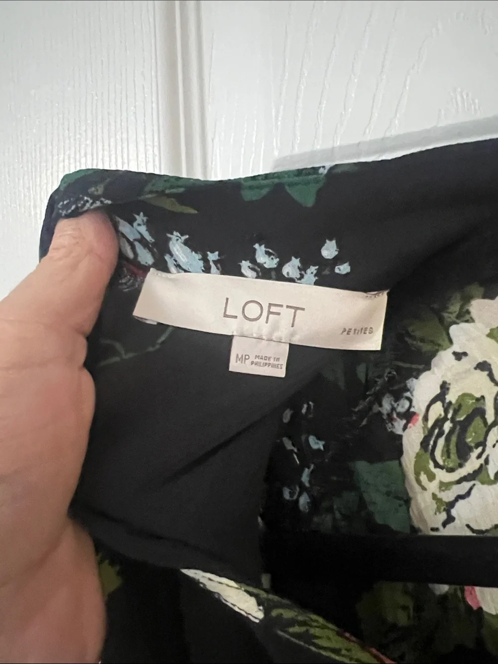 LOFT Black Floral High-Neck Long-Sleeve Blouse with Pink and Cream Roses